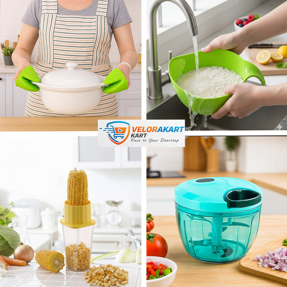 Corn Stripper with Container, 750ml Manual Vegetable Chopper, Rice Washing Bowl with Strainer, Mapperz Silicon Kitchen Set (2 Pack)