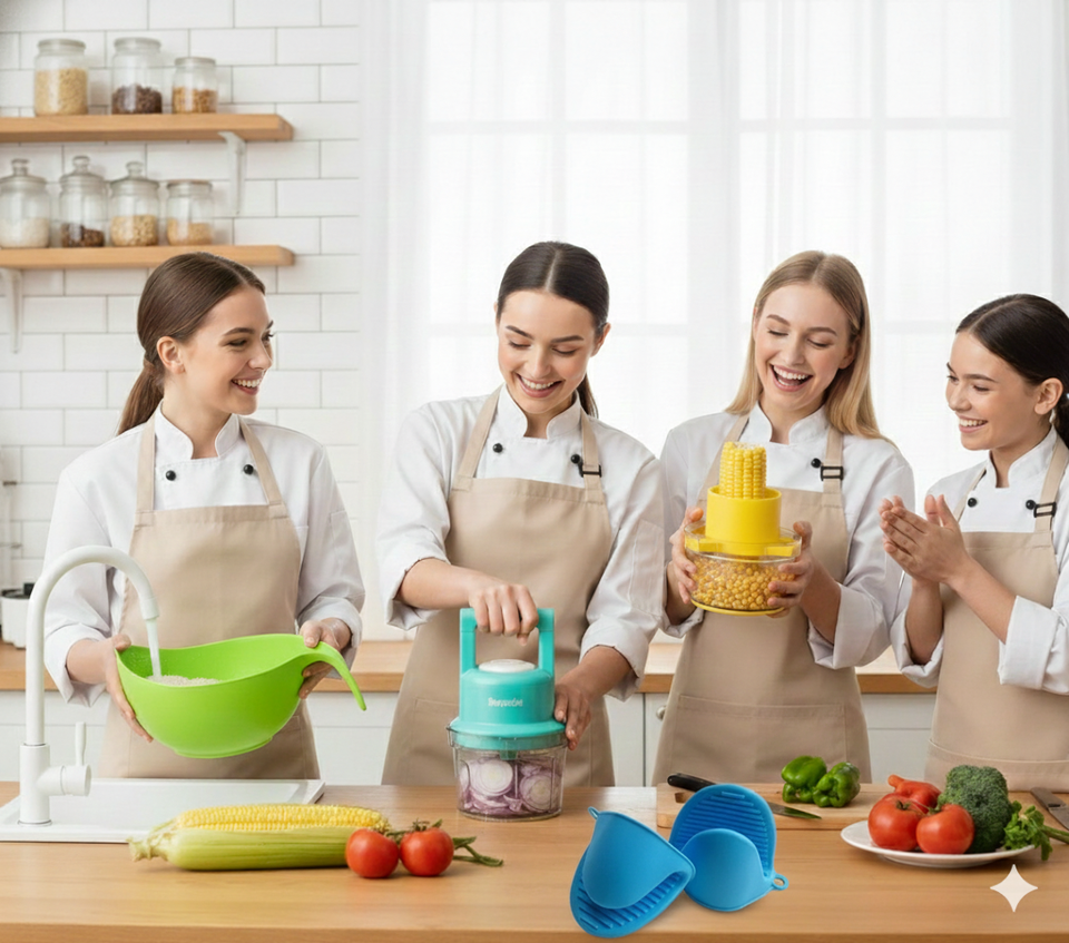 Corn Stripper with Container, 750ml Manual Vegetable Chopper, Rice Washing Bowl with Strainer, Mapperz Silicon Kitchen Set (2 Pack)