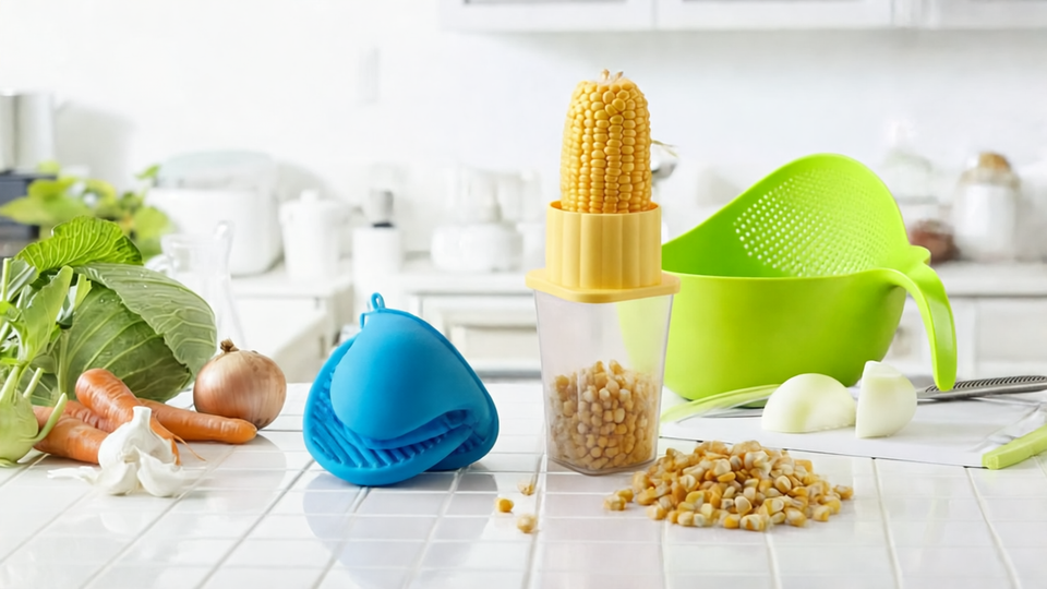 Corn Stripper with Container, 750ml Manual Vegetable Chopper, Rice Washing Bowl with Strainer, Mapperz Silicon Kitchen Set (2 Pack)